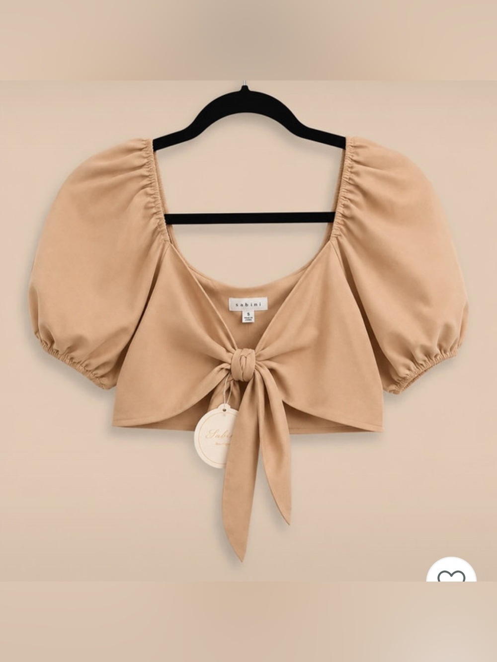 NWT-Medium Gianni Bini khaki crop top  tie front Puff Sleeve Crop Top - Beige